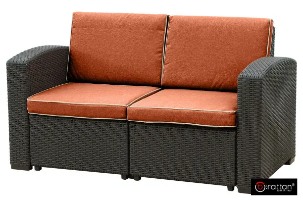 Темно коричневая пластиковая мебель под ротанг B:Rattan Premium на 4 персон - столик, диван и 2 кресла с оранжевым подушками