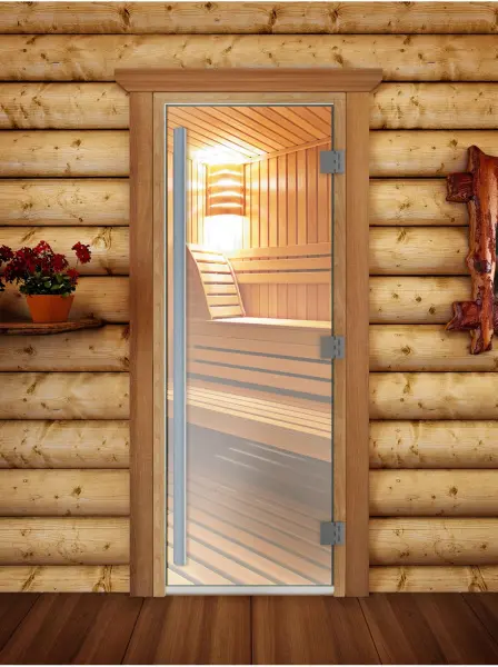 Стеклянная дверь DoorWood Престиж для бани, 700 х 1900 мм, с порогом, прозрачная, коробка ольха