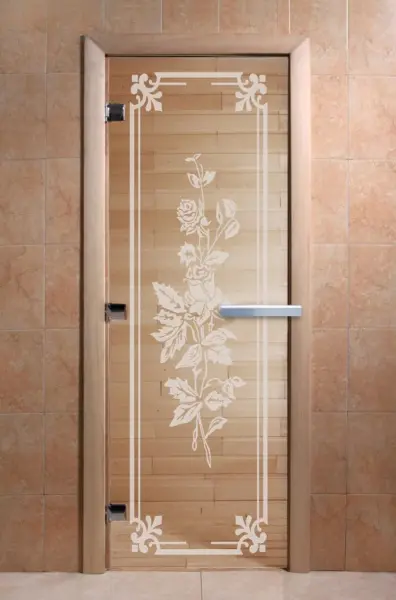 Дверь для сауны DoorWood Розы, 700 х 1900 мм, без порога, прозрачная, коробка ольховая