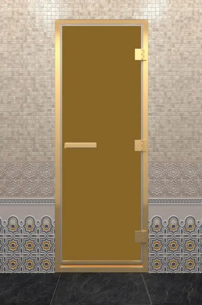 Стеклянная дверь DoorWood бронза матовая, коробка алюминий, 700 мм х 1900 мм, золотой профиль, для хамама