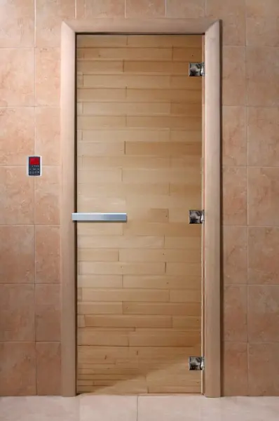 Дверь для сауны DoorWood, 900мм х 2100мм, без порога, прозрачная, коробка ольха