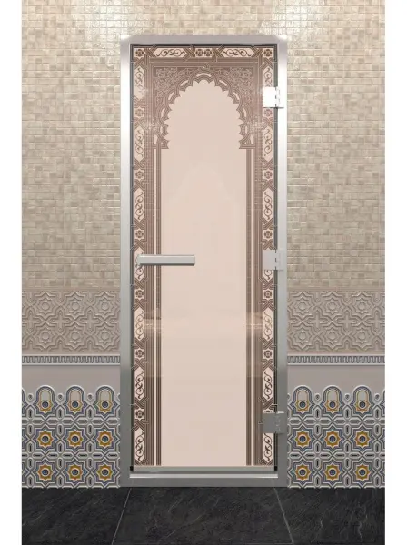 Стеклянная дверь DoorWood бронза матовая для хамама, 700 мм х 1900 мм, рисунок - восточная арка
