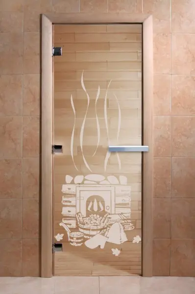 Дверь DoorWood с рисунком Банька, 700 х 1900 мм, без порога, прозрачная, коробка ольха