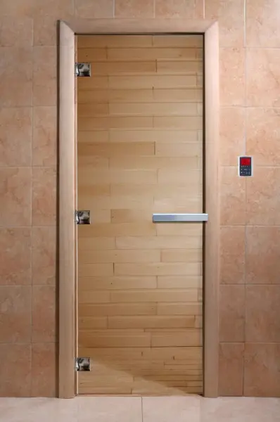 Стеклянная дверь DoorWood для бани прозрачная, 700 х 1900 мм, без порога, коробка ольхa