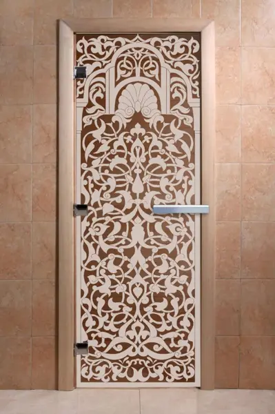 Стеклянная дверь для бани DoorWood рисунок Флоренция, 700 х 1900 мм, без порога, бронзовая, коробка ольховая