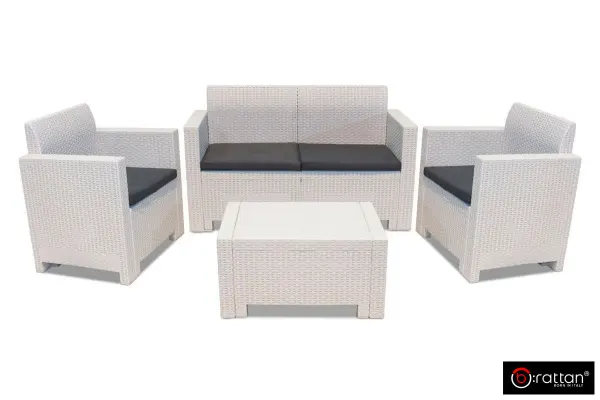 Белый комплект пластиковой мебели (столик, диван и 2 кресла) Rattan Nеbraska на 2 персоны с зелеными подушками