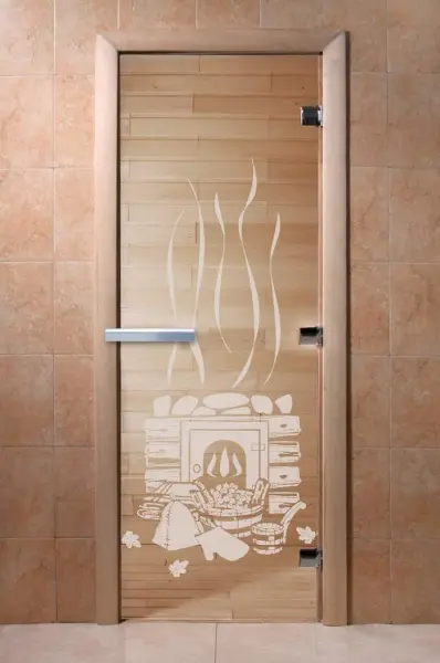 Дверь DoorWood с рисунком Банька, 700 х 1900 мм, без порога, прозрачная, коробка ольха