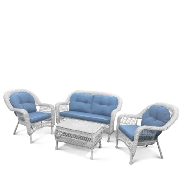 Мебель для отдыха из искусственного ротанга в классическом стиле LV-520 White/Blue, цвет белый и голубые подушки (диван, кресла 2шт, журнальный столик)