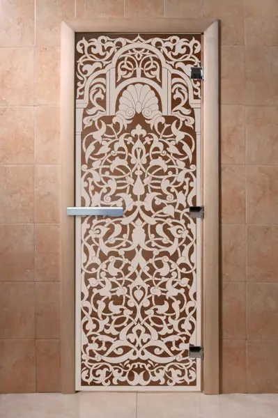 Стеклянная дверь для бани DoorWood рисунок Флоренция, 700 х 1900 мм, без порога, бронзовая, коробка ольховая