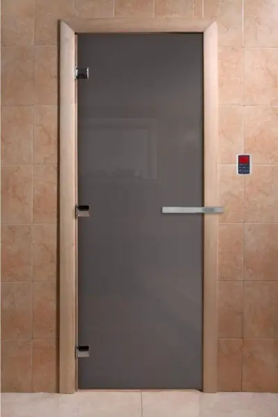 Дверь DoorWood Графит для бани, 70х190 см, без порога, стеклянное полотно серое, коробка ольxа