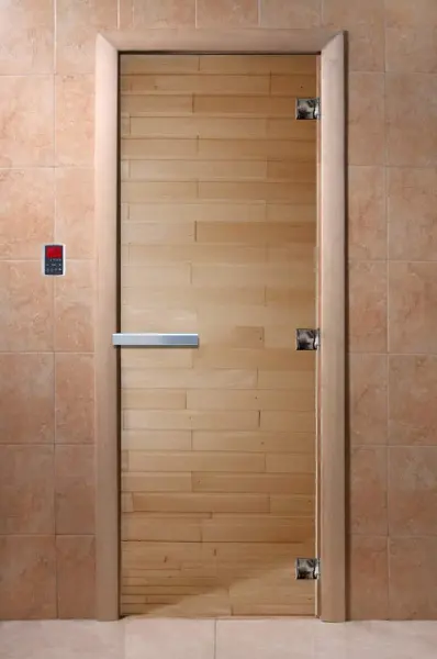 Стеклянная дверь DoorWood для бани прозрачная, 700 х 1900 мм, без порога, коробка ольхa