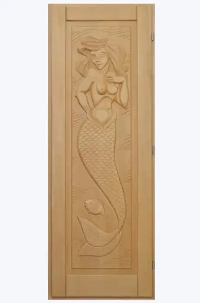 Дверь DoorWood глухая с резьбой Русалка для сауны и бани, 700х1900 мм, с порогом, массив кавказкой липы, без ручки