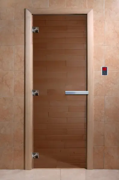 Стеклянная дверь DoorWood бронза 1900х700 мм прозрачная для бани, без порога, коробка ольхa
