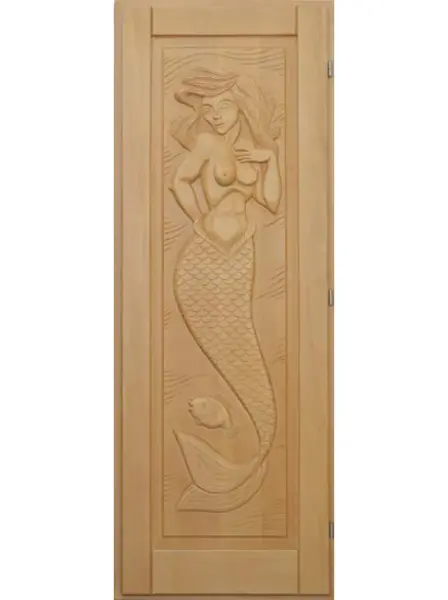 Дверь DoorWood глухая с резьбой Русалка для сауны и бани, 700х1900 мм, с порогом, массив кавказкой липы, без ручки