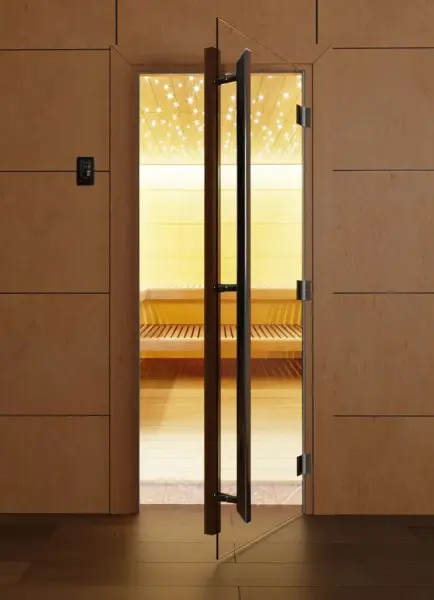 Стеклянная дверь DoorWood Престиж для бани, 700 х 1900 мм, с порогом, прозрачная, коробка ольха