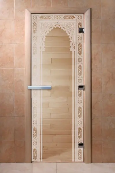 Дверь для сауны DoorWood Восточная Арка, 800мм х 2000мм, без порога, прозрачная, коробка ольха