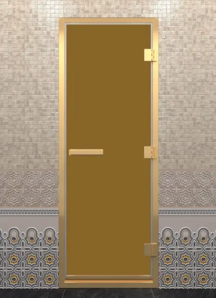 Стеклянная дверь DoorWood бронза матовая, коробка алюминий, 700 мм х 1900 мм, золотой профиль, для хамама
