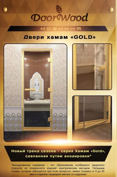 Стеклянная дверь DoorWood хамам, 700 мм х 1900 мм, золотой профиль, с коробкой