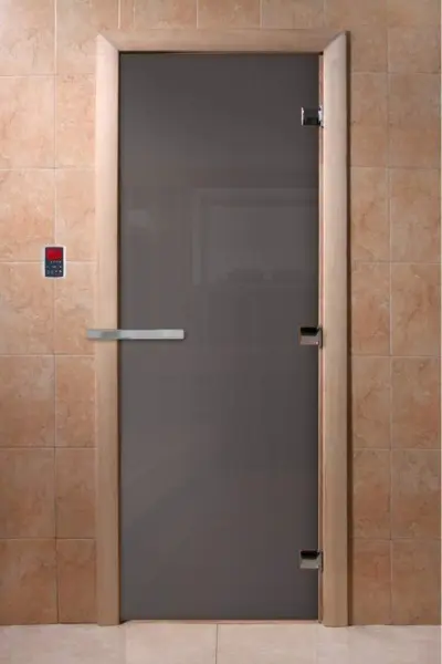 Дверь DoorWood Графит для бани, 70х190 см, без порога, стеклянное полотно серое, коробка ольxа