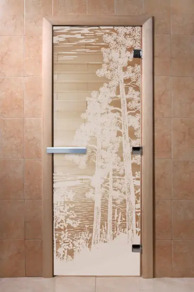 Стеклянная дверь DoorWood с рисунком Рассвет для бани, 700 х 1900 мм, без порога, прозрачная, коробка ольха