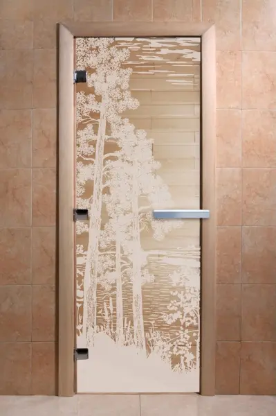Стеклянная дверь DoorWood с рисунком Рассвет для бани, 700 х 1900 мм, без порога, прозрачная, коробка ольха
